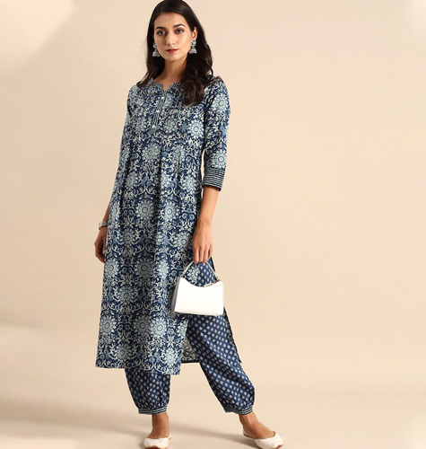 Women Blue & Off-White Floral Screen Printed Pleated Thread Work Kurta with Salwar